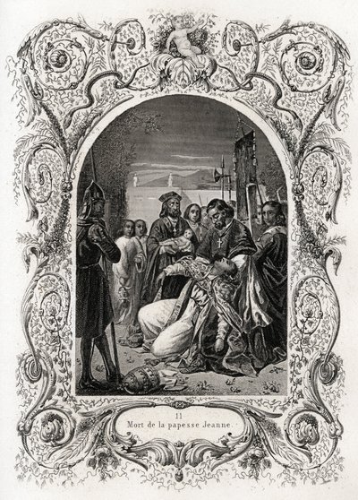 Mort de la Papesse Jeanne (pontificat de 855 à 858). Gravure pour illustrer Histoire des papes par Maurice Lachatre (1814-1900), librairie du progrès, Paris - French School