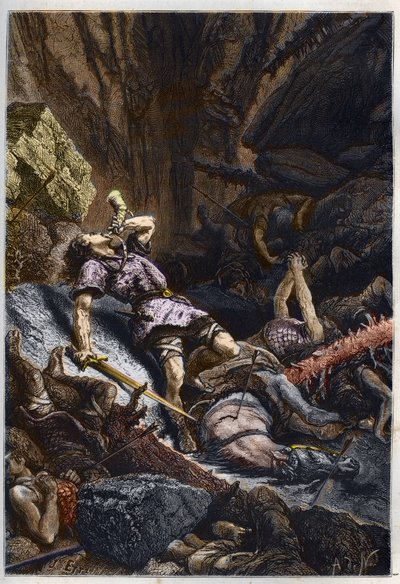 Mort du chevalier Roland, neveu de Charlemagne, à la bataille de Roncevaux (778) opposant l