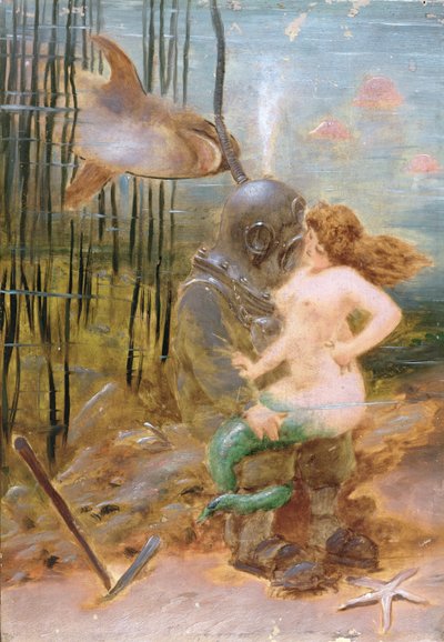 Plongeur en haute mer avec une sirène et un requin - French School