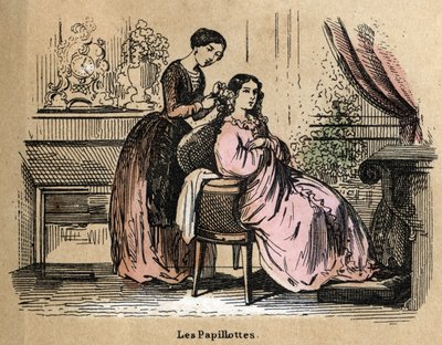 Description des différents produits et usages du papier : feuilles, morceaux de papier utilisés pour séparer les cheveux par les coiffeurs. Planche "Le papier et ses produits" dans "Les Récréations instructives" peinture synoptique de Jules Delbruck, gravu - French School