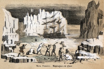 Description des différents types de paysages et reliefs selon la géographie : détail représentant un paysage arctique avec des ours polaires et des icebergs. Planche "Géographie physique" dans "Les Récréations instructives" par Jules Delbruck - French School