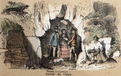 Description des différents types de paysages et reliefs selon la géographie : détail représentant des visiteurs dans la grotte du chien. Planche "Géographie physique" dans "Les Récréations instructives" par Jules Delbruck - French School
