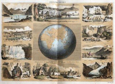Description des différents types de paysages et de reliefs selon la géographie : au centre la Terre ou globe avec indications des mers et océans, continents, îles, chaînes de montagnes, golfes, caps, détroits et isthmes. Vue du lac Léman - French School
