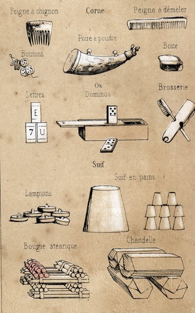 Description des divers produits et usages de la vache : peignes, jeux et boîtes en corne et os, bougies. Planche "La vache et ses produits" dans "Les Récréations instructives" par Jules Delbruck - French School
