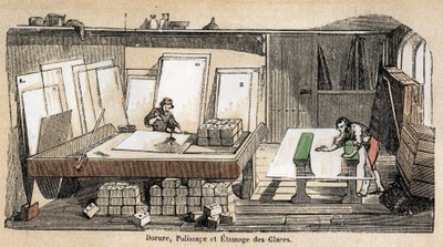 Description des différentes étapes de fabrication et usages du verre : un atelier de dorure, polissage et estampage du verre. Planche "Le verre et ses produits" dans "Les Récréations instructives" peinture synoptique de Jules Delbruck, gravure de 1860. Col - French School