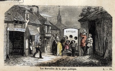 Description des diverses étapes de fabrication et usages du verre : les merveilles de la place publique, un illusionniste invitant les enfants à découvrir la magie des effets optiques. Planche "Le verre et ses produits" dans "Les récréations instructive - French School