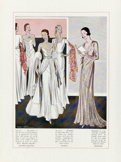 Design pour robes de soirée par Depouy-Magnin, Worth et Redfern, lithographie en couleur - French School