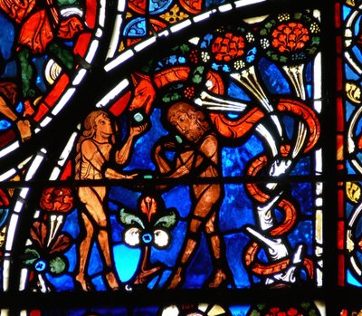 (détail) la parabole du Bon Samaritain : Adam et Ève tentés par le Serpent - French School