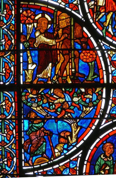(détail) la parabole du Bon Samaritain : Dieu chasse Adam et Ève du Jardin d