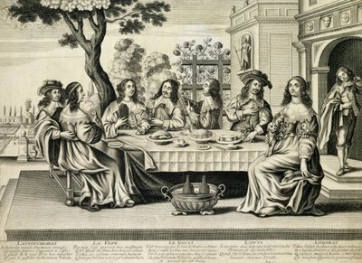 Dîneurs sur une terrasse avec un jardin à la française en contrebas, gravé par Balthazar Moncornet (c.1600-68) - French School