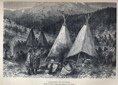 Camp indien américain avec tipis. Dessin de Riou d