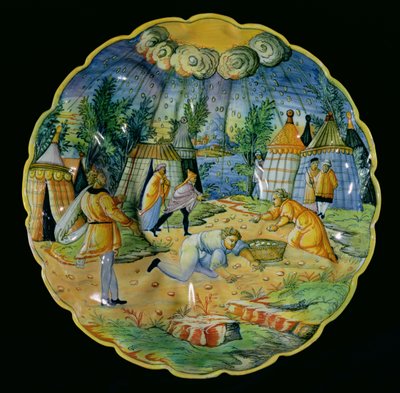 Plat représentant la collecte de la manne, fabriqué à Nevers ou Lyon - French School