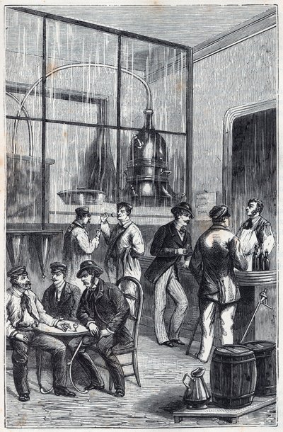 Atelier de distillateur à Paris au XIXe siècle - Gravure dans « Les sciences mises à la portée de tous - physique et chimie » par Alexis Clerc - Fin XIXe siècle - Collection privée - French School