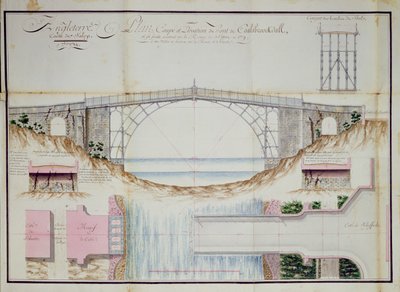 Dessins et coupe transversale du pont de fer construit en 1779 à Coalbrookdale, Shropshire, Angleterre, 1784 - French School