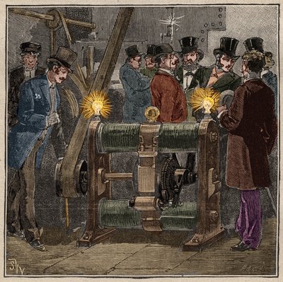 Machine électrique dynamo de type Gram produisant du courant continu, expérience électrique dans la salle des machines du Conservatoire des arts et métiers de Paris (vers 1881). Gravure de 1885 dans « Les arts et métiers illustrés » par Adolphe Bitard. - French School
