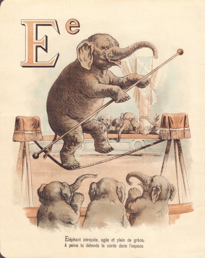 E: Éléphant, équilibriste intrépide, agile et plein de grâce, détend à peine la corde dans l