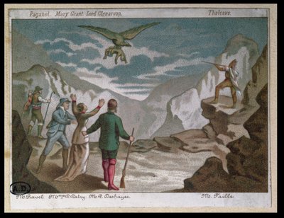 Aigle emportant un enfant, vignette illustrant une pièce adaptée du roman de Jules Verne 