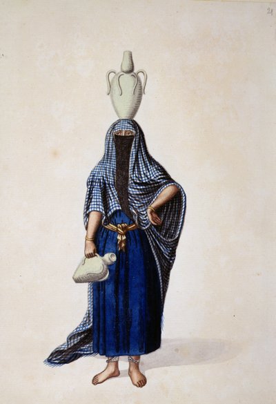 Femme égyptienne portant un pot à eau Ibrik, probablement par Cousinery, période ottomane, troisième quart du 18ème siècle - French School
