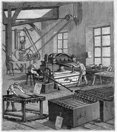 Galvanoplastie - Atelier de galvanoplastie de Monsieur Rousset à Paris au XIXe siècle - Gravure dans « Sciences mises à la portée de tous - physique et chimie » par Alexis Clerc - Fin XIXe siècle - Collection privée - French School