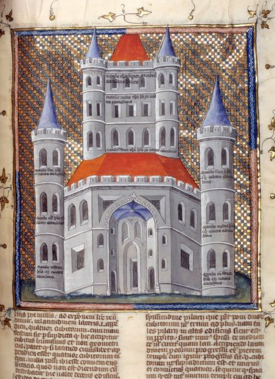 Élévation de la façade du Temple de Salomon à Jérusalem Miniature tirée de « Commentaires de la Bible » par Nicholas de Lyre (13ème siècle) 14ème siècle Cambrai, bibliothèque municipale - French School