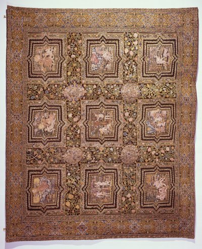 Tapis de table brodé avec des scènes bibliques, c.1600 (laine et soie sur toile de lin) - French School