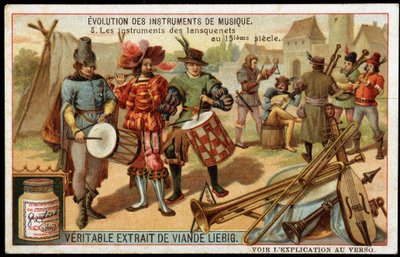 Évolution des instruments de musique : Les instruments des lansquenets au XVe siècle. Tambour militaire, flûte, triangle, trompette, une sorte de cornemuse et autres instruments à cordes. Chromolithographie Liebig de la fin du XIXe siècle. - French School