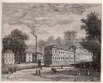 Vue extérieure de la Manufacture impériale de porcelaine de Sèvres, construite dans le parc de Saint-Cloud selon les plans de l