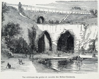 Vue extérieure des cascades et grottes des Buttes Chaumont, gravure du 19e siècle - French School