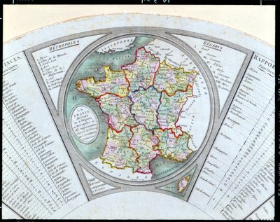 Éventail représentant la Carte de France divisée en 9 régions, 10 métropoles et 83 départements, 1790 - French School