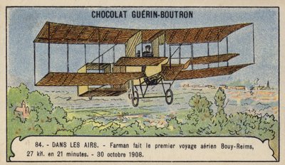 Farman effectuant le premier vol en avion à travers la campagne en Europe, de Bouy à Reims, France, 30 octobre 1908 - French School