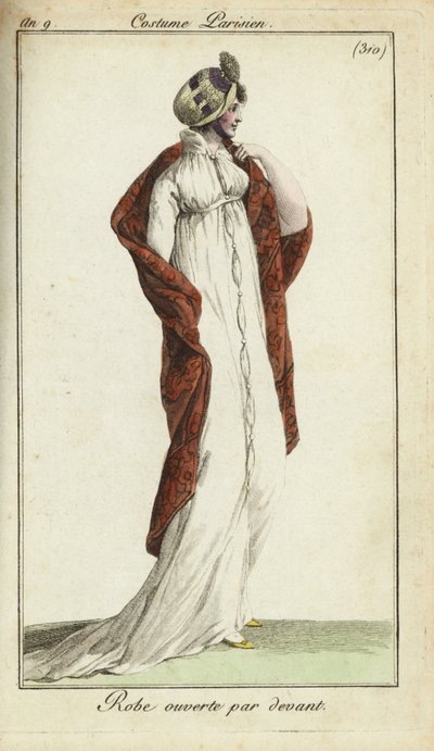Femme à la mode avec un chapeau de paille, une robe et un châle - French School