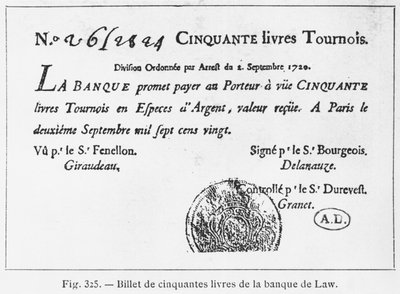 Billet de banque français de cinquante livres de la Banque Law, daté du 2 septembre 1720 - French School