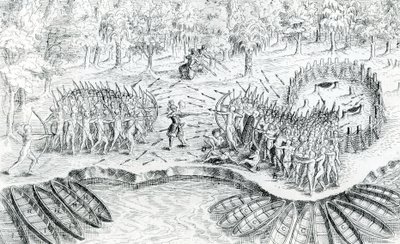Combat des Hurons, tiré du Voyage de Champlain en 1624 par Samuel de Champlain - French School