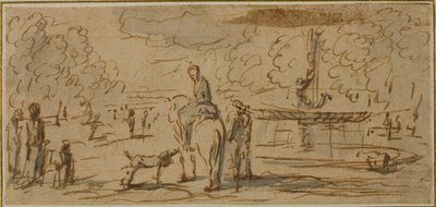 Figures marchant et à cheval dans un parc - French School