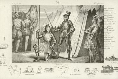 François Ier de France demandant à être fait chevalier par le Chevalier Bayard après la victoire à la bataille de Marignan, Italie, 1515 - French School