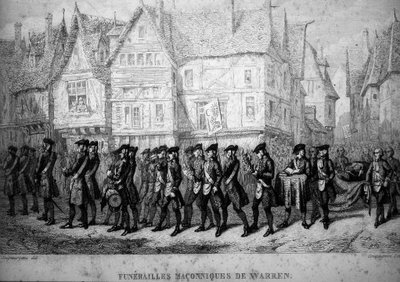 Franc-maçonnerie : Funérailles maçonniques de Warren Hastings (1732-1818), administrateur colonial britannique. Gravure de « Histoire pittoresque de la franc-maçonnerie et des sociétés secrètes anciennes et modernes » par F.-T. B. Clavel. Pagnerre, éditeur - French School