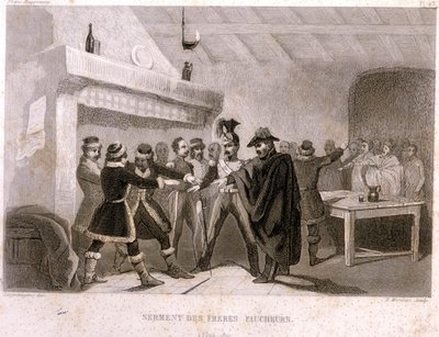 Franc-maçonnerie : le serment des frères faucheurs à Potok en 1821. Gravure de « Histoire pittoresque de la Franc-Maçonnerie et des Sociétés Secrètes anciennes et modernes » par F.-T. B. Clavel. Pagnerre, éditeur. 1843. - French School