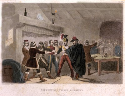 Franc-maçonnerie : le serment des frères faucheurs à Potok en 1821. Gravure tirée de « Histoire pittoresque de la franc-maçonnerie et des sociétés secrètes anciennes et modernes » par F.-T. B. Clavel. Pagnerre, éditeur. 1843. - French School