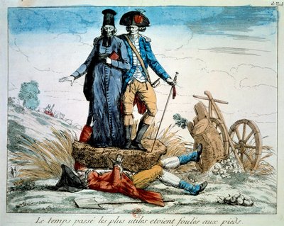 Révolution française : Caricature sur les trois ordres : le clergé et la noblesse écrasant le tiers état sous le poids des impôts et des corvées. 1789 Paris, Musée Carnavalet - French School
