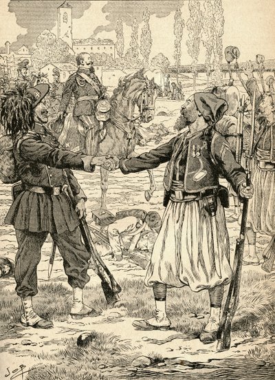 Soldats français et sardes se serrant la main pour célébrer leur victoire contre les Autrichiens après la bataille de Palestro, Italie - French School