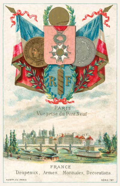 Drapeaux français, armes, pièces de monnaie et décorations et vue de Paris depuis le Pont Neuf - French School