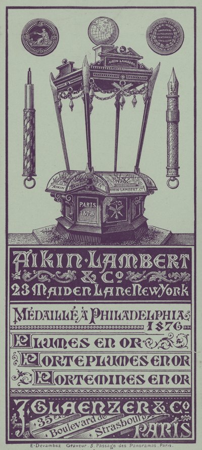Carte de commerce française faisant la publicité des stylos, porte-stylos et crayons propulseurs Aikin Lambert - French School