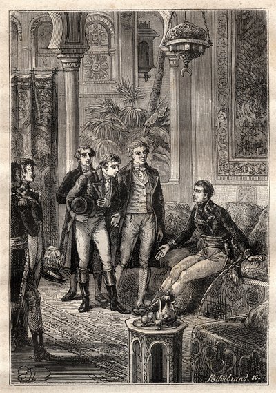 Friedrich Konrad Hornemann (1772-1801) rencontre Napoléon Bonaparte au Caire en 1797 en présence de Gaspard Monge (1746-1818) et Claude Louis Berthollet (1748-1822) - illustration tirée de « Les grands marins du XVIIIe siècle » - French School