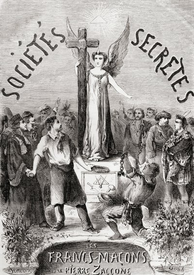 Frontispice de Sociétés Secrètes, les Francs Maçons, publié vers 1867 - French School