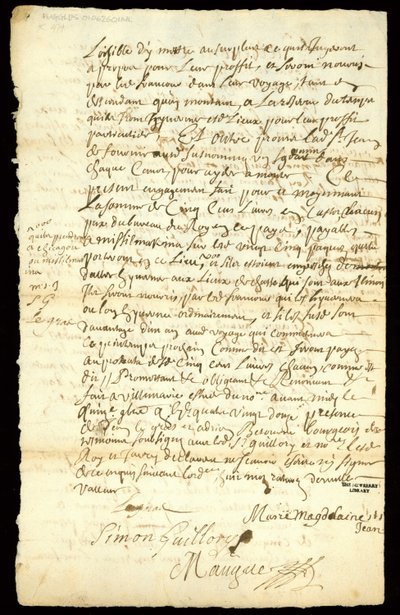 Contrat de commerce de fourrures entre François Francoeur et quatre voyageurs pour le transport de marchandises et l