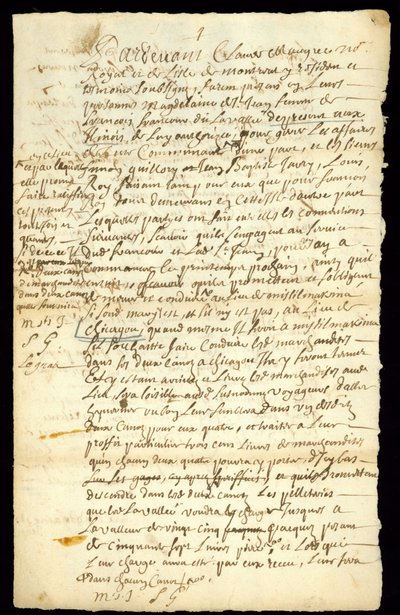 Contrat de commerce de fourrures entre François Francoeur et quatre voyageurs pour le transport de marchandises et l