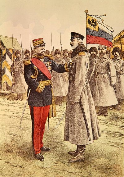 Le général Pau remet une décoration française au commandant en chef russe, le grand-duc Nicolas - French School