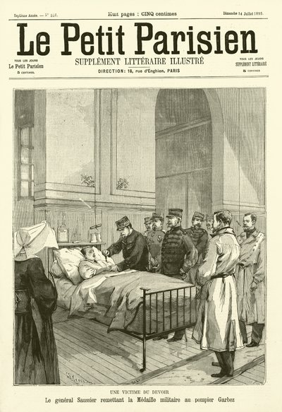 Le général Saussier remettant la médaille militaire française à un pompier nommé Garbez, blessé en service (gravure) - French School