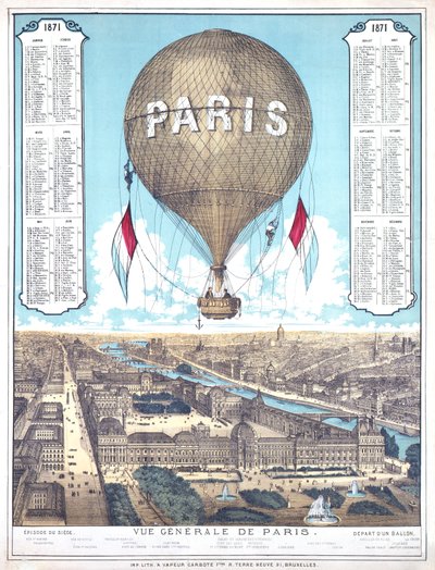 Vue générale de Paris et liste des lieux de départ des ballons pendant le siège de Paris, 1871 - French School