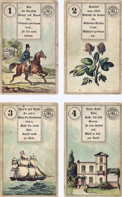 Édition allemande du jeu de cartomancie français Lenormand : Le Cavalier, Le Trèfle, Le Navire, La Maison, publié par Dondorf, Francfort, XIXe siècle - French School